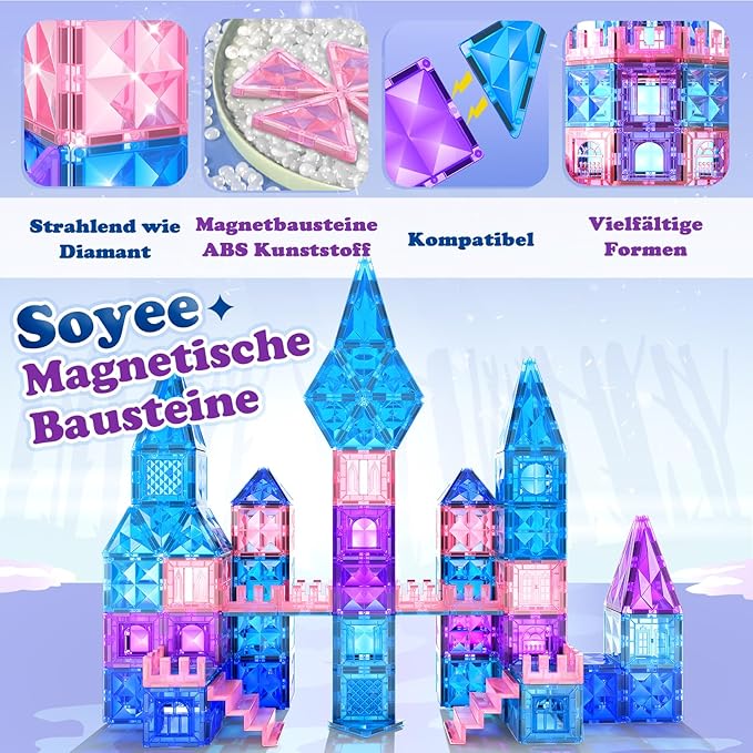 Magnetic Tiles 102pcs with 2 Stairs 2 Dolls Princess Castle Building Girls Toys Age 4-5 6-8 Magnetic Blocks Birthday Xmas Gifts for Girls Toys for 3 4 5 6 7 8+ Year Old