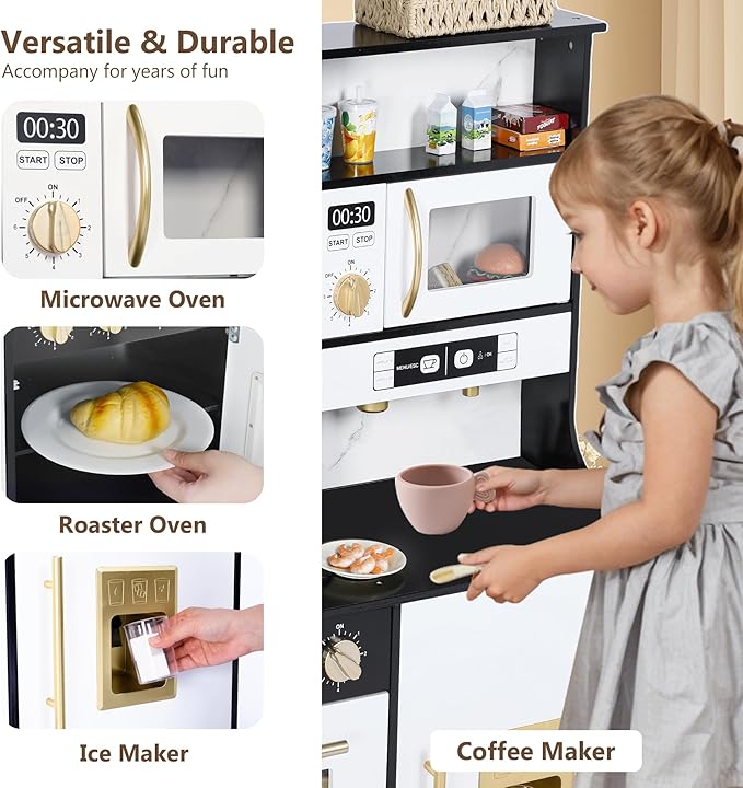 Kinder King Wooden Kids Play Kitchen, Toy Kitchen Playset for Toddler, Play Kitchen Set w/Real Sounds, Pretend Coffee Machine, Kitchen Hood, Sink, Ice Maker, Gift for Boys Girls Age 3+, Black