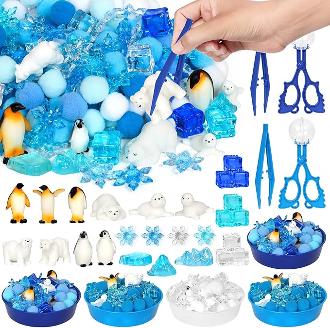 182 Pcs Winter Sensory Bin Items Winter Arctic Animals Counting Sorting Sensory Bin Filler Fine Motor Arctic Habitat Counts for Xmas Counting Decor