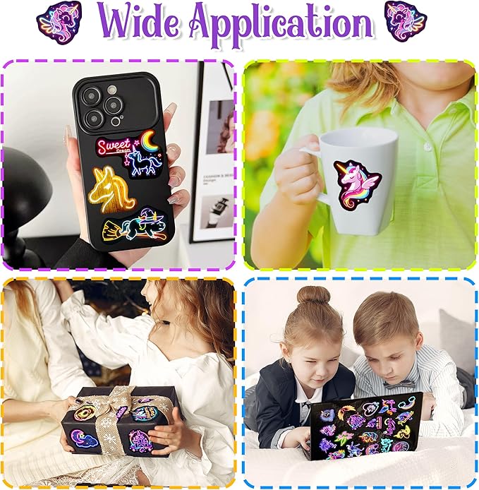 51 Pcs Neon Unicorns Stickers for Kids, Rainbows Sticker for Water Bottle, Vinyl Waterproof Laptop Decals for Teens Girls Boys, Students Adults Sticker Pack