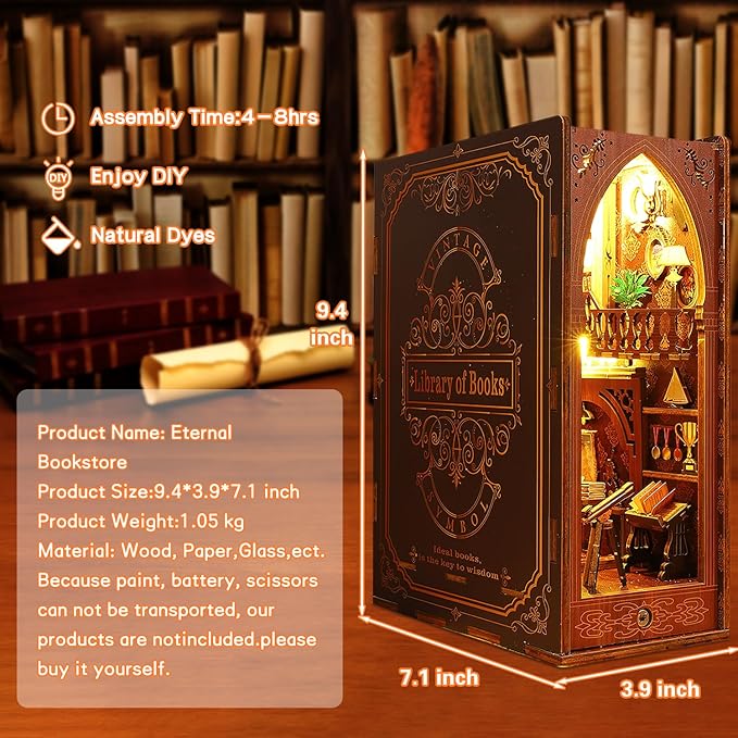 Book Nook Kit, DIY Dollhouse Booknook Bookshelf Insert Decor Alley, DIY Book Nook Miniature Kit with Lights, 3D Wooden Puzzle Decorative Bookend Miniature Model Kits for Kids/Adults