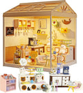 DIY Miniature House Kit Plastic House Building Toy Set with Roof & 2 Doors, Mini Dollhouse Kit with LED for Mini Figures Construction Toys Diorama Kit Gifts for Teens Adults (Happy Cat Pet)