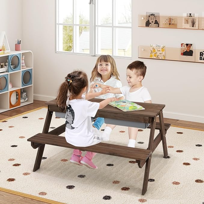 HONEY JOY Kids Picnic Table, 4 in 1 Cedar Wooden Sand & Water Table w/ 3 Removable Box & Umbrella, Kids Picnic Tables for Outdoors Backyard Garden, Toddler Patio Furniture Set for Boys Girls(Walnut)