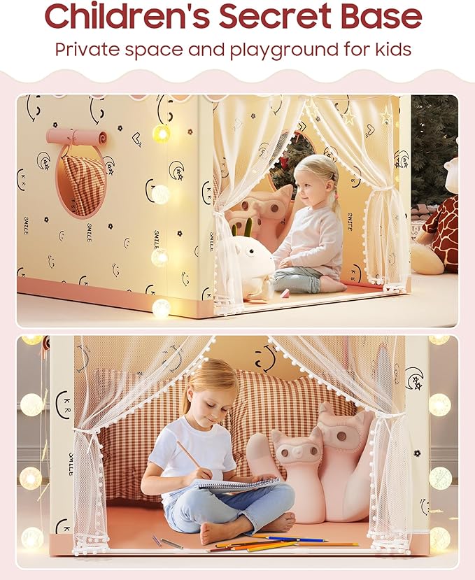 Kids Play Tent, Princess Tent Indoor Playhouse Set with Star Lights, Ball Lights, Colorful Flags, Butterflies, Clouds - Pink Tents for Kids Toddle Castle for Girls Toy House Gift
