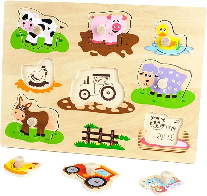 Professor Poplar’s Wooden Barnyard Peg Puzzle (8pcs.) - Wood Learning Puzzles for Toddlers and Kids, Animal Themed