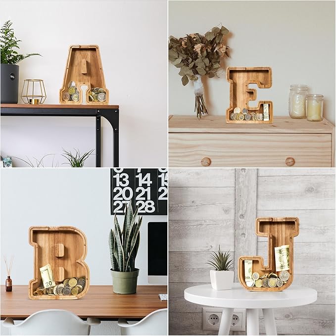 SummiDate Wooden Letter Piggy Bank| Piggy Bank for Boys Girls Toddler| Alphabet J Money Bank| Coin Bank Birthday Gift for Kids|Birthday Easter Gifts for Kids (J)