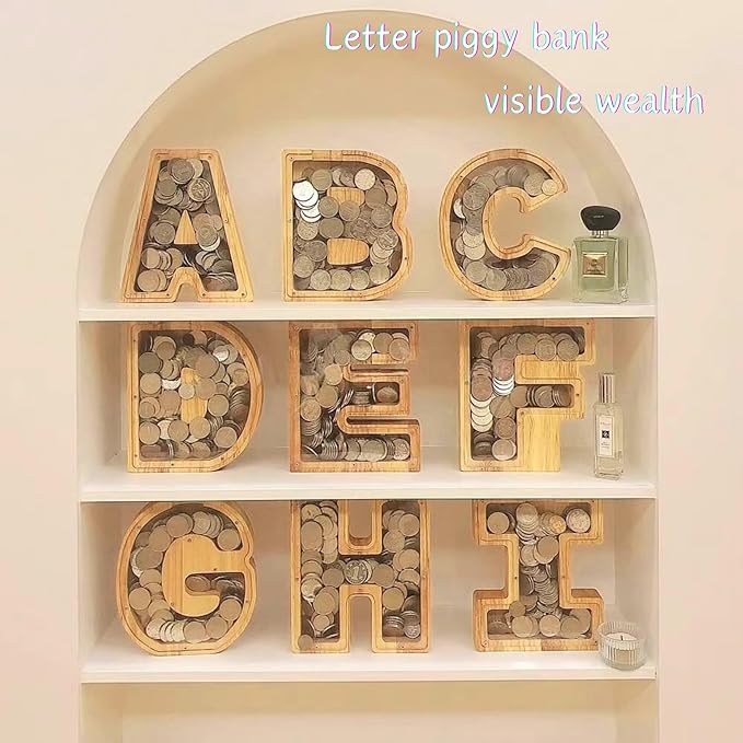 Wooden Alphabet Piggy Bank Clear Acrylic Panel Coin Savings Box Personalized Money Bank for Kids Boys Girls Adults, Birthday Home Décor(C)