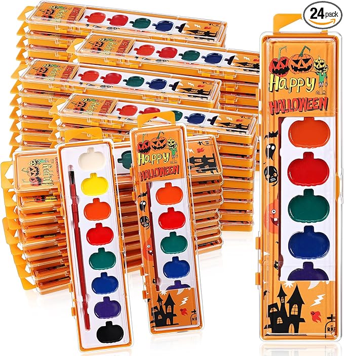 24 Pack Halloween Pumpkin Watercolor Paint Set for Kids 8 Washable Colors with Brushes Water Color Painting Kit for Halloween Painting Kit Gift Party Supplies