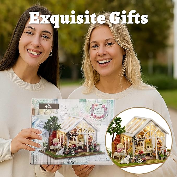 Flever DIY Miniature House Kit, Tiny Home Kit with LED Light, Mini House Build Craft Kits for Adults and Teens, Home Decor Creative Gift for Family/Friends (Sunshine Greenhouse)