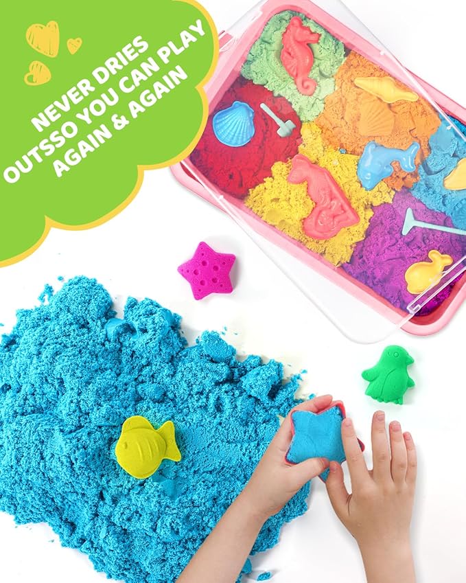 Play Sand with Sensory Bin Toy for Kids, 8 lb of 7 Colored Bulk Magic Sand with Sandbox for Toddlers, Sensory Sand Kit for Boys and Girls Age 3-8 (Blue)