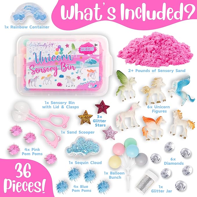 Premium 38 PCS Unicorn Sensory Sand Bin-2 lb Magic Sand, Sensory Bin for Toddlers & Sand Scooper-Count Sparkly Pom-Poms, Bring Unicorns to Life - Ideal Gift for Kids