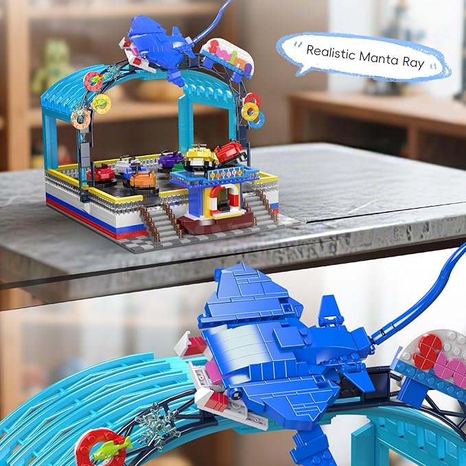 Mould King Bumper Boat Building Blocks Set, 2044+ Pcs Amusement Park Model Kit with Manta Ray Model, Engineering City Building Set That Run, Collectible Gift for Teens, Adults
