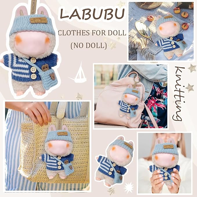 Clothes for 17cm Dolls Accessories Crochet 3 Piece Set Outfits for Doll(Blue Sweater)