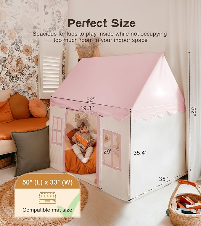 Large Kids Tent with mat, Star Lights, Tissue Garland, Play Tent Indoor & Outdoor, Kids Play Tent for Girl & Boy Aged 3+, Kids Tent for Toddler, 52" x35" x 52" Play House with Windows, Washable, Pink