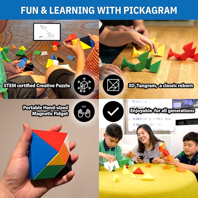 Pickagram Tangram 3D Magnetic Puzzle for Kids (8-12), Adults & Seniors | STEM Certified Fidget Puzzle - Magnetic Pattern Blocks for Cognitive Development, Creativity & Focus - Black