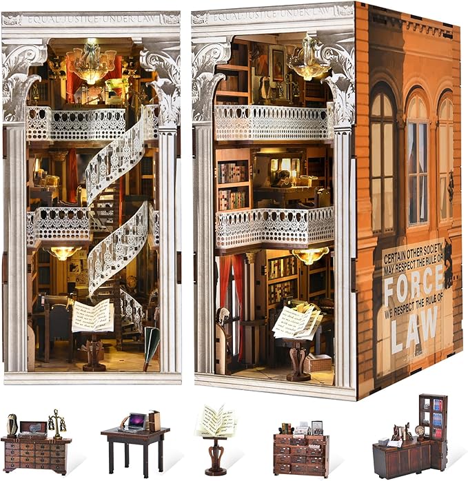 Book Nook Kit, DIY Dollhouse Booknook, Book Nook Miniature Kit for Bookshelf Insert Decor Crafts for Adults Teen Halloween, 3D Wooden Puzzle with Led Light (Law Library)