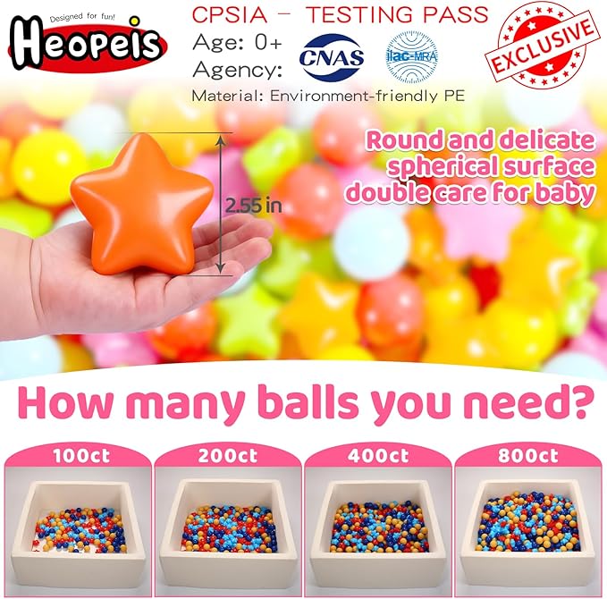 Ball Pit Balls Pack of 100 200 500 - Star and Round Set BPA Free Phthalate Free Non-Toxic Crush Proof Play Balls Soft Plastic Balls for Toddlers Baby Kids Birthday Pool Tent Party
