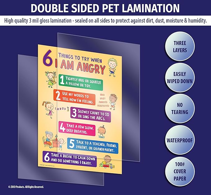 ZOCO – 6 Anger Control Strategies Posters (20-Pack) – Calm Down and Manage Emotions for Toddlers – Classroom Behavior Management for Preschool, Daycare, and Homeschool – Made in USA