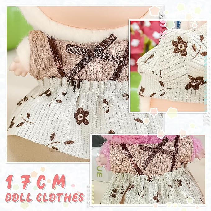 17cm Doll Clothes Set, Compatible with Labubu, Floral Dress with Lace Trim, Headband & Bear Charm Accessory (NO Doll) (Brown Floral)