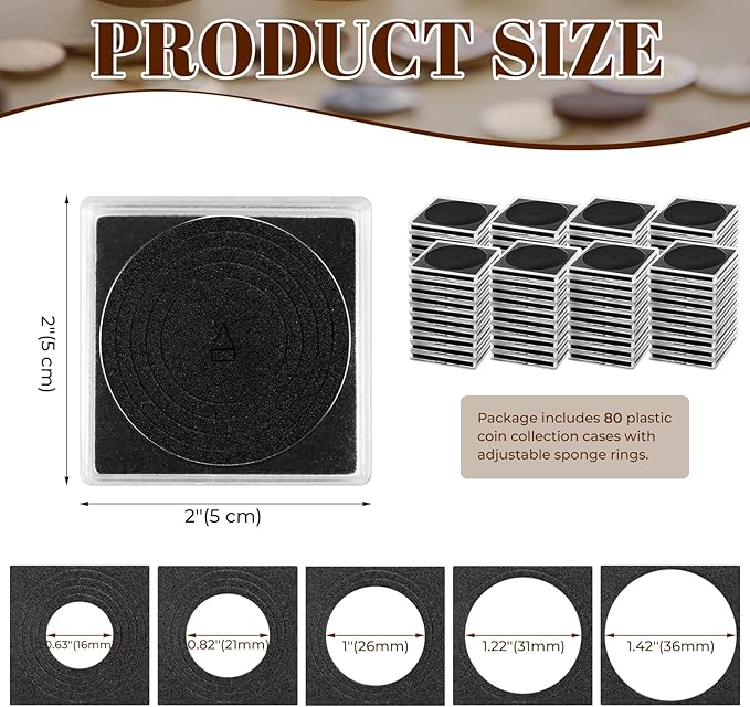80 Pcs Adjustable Acrylic Coin Collection Cases with Sponges, Coin Snap Holder, Silver Dollar Protection Cases for Collectors, Coin Dollar Collection Supplies for Small to Medium Coins (16mm-36mm)