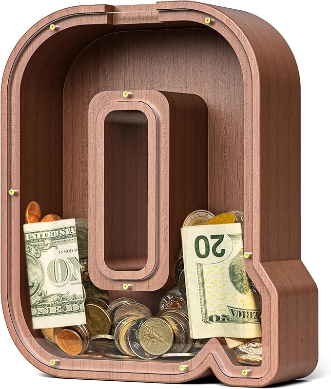 Summidate Wooden Letter Piggy Bank, Extra Thick Large Capacity Piggy Bank for Kids Boys Girls Toddler, Alphabet Q Money Bank| Coin Box Birthday, Christmas, Festival