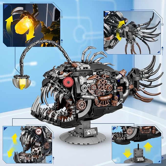 Mechanical Fish Building Sets for Adult,Deep-Sea Animal Building Display with Light,Collection Decor for Home or Office,Creative Blocks Gift for Boys Teens and Kids 8-14(1038PCS)