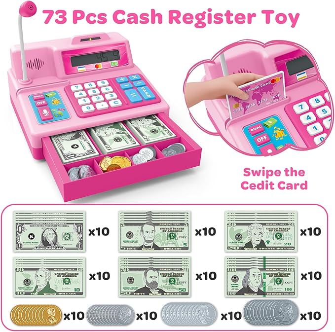 Calculator Cash Register Toy Gift for Kids Age 3, 4, 5, 6, 7, 8+ Year Old, 103 Pcs Grocery Store Playset with Microphone, Credit Card, Pink Cash Register Toy for Toddlers Kids 4-8