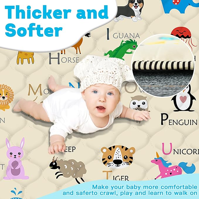Baby Play Mat，Thick Soft 47" X 47" Playpen mat, Non-Slip and Machine Washable Baby Play Mats for Floor，Crawling Mat for Babies, Toddlers & Infants to Play and Learn (Beige Animal)