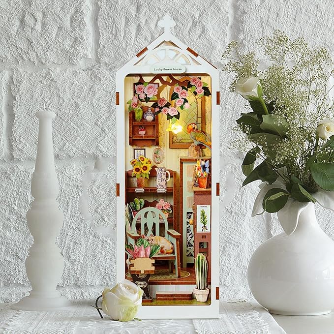 DIY Book Nook Kit, 3D DIY Miniature Dollhouse Kit, Wooden Booknook Bookshelf Insert Decor, Wood Dollhouse Bookend Model, Gift for Adults, Garden House