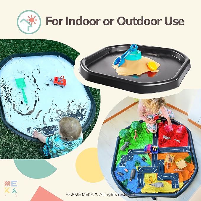 MEKA Tuff Tray with 3 Play Mats, Sensory for Kids Alphabet, Numbers, Color Themes, Indoor Outdoor Use, Home or Classroom (Black, Small 28" x 28")