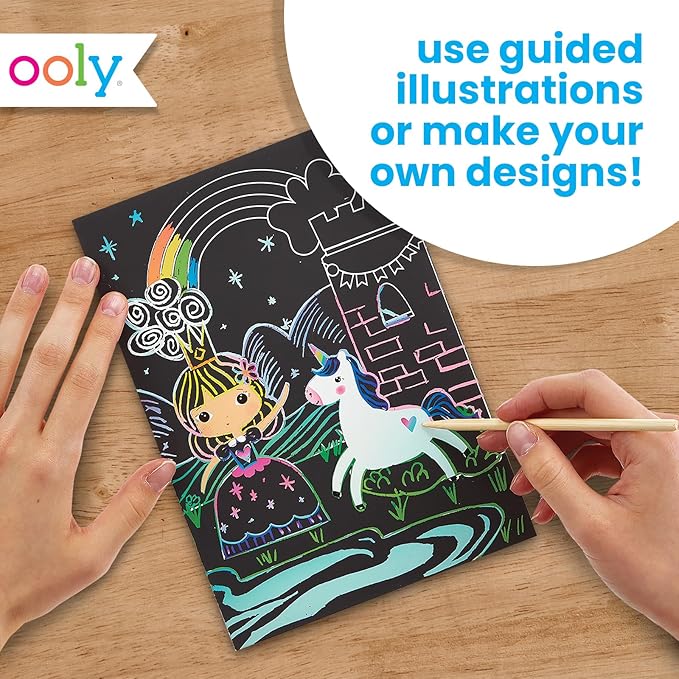 Ooly Scratch & Scribble 10pc Art Kit with 8 Total Scratch Cards (4 Illustrated, 2 Blank, 2 Rainbow) with Scratching Tool and Sparkled Stickers, Art Set Gifts for Kids - Princess Garden