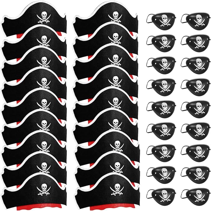 Legigo 48 Pcs Pirate Hat with Eye Mask - Classic Costume Cap Accessories for Pirate Party Cosplay Caribbean Dress, Black