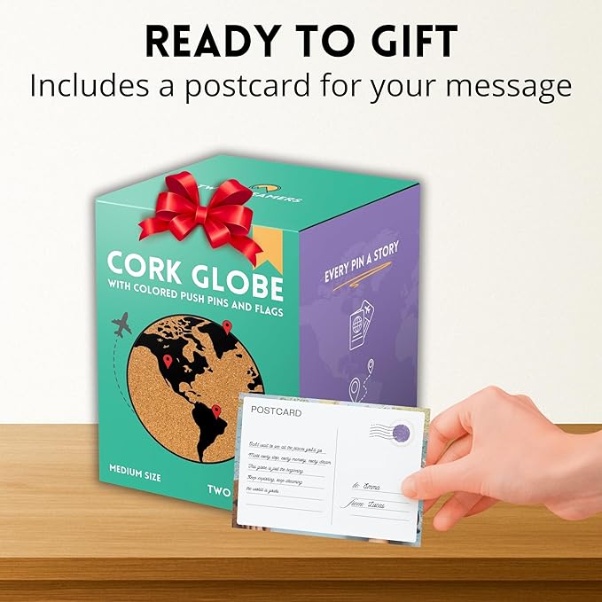 Medium Cork Globe 9.4" Tall | World Travel Map with Metallic, Colored & National Flags Push Pins | 3D World Map Pin Board for Home or Office | Unique Gift for Travelers, Couples & Families | Push Pin Map