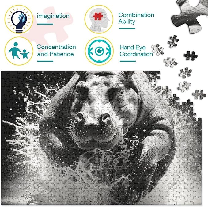 Hippo 1000 Pieces 3D Animal Thickened Wooden Jigsaw Puzzles for Adults Fun Home Decoration Education Game Stress Relief Toy Intellectual Game Challenge Educational 1000pcs (75x50cm)