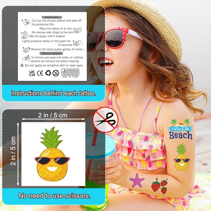 JCFIRE Summer Pool Beach Party Favors Kids Tattoos, 102 Styles Larger Tropical Hawaiian Luau Themed Temporary Tattoos for Kids Teens Adult, Waterproof Summer Stickers Party Decorations Supplies