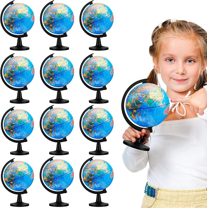 Meooeck 12 Pcs World Globe with Stand 4.6 Inch Geographic World Globe Bulk for Kids Students Learning Educational Classroom Desk Table Decoration, Blue