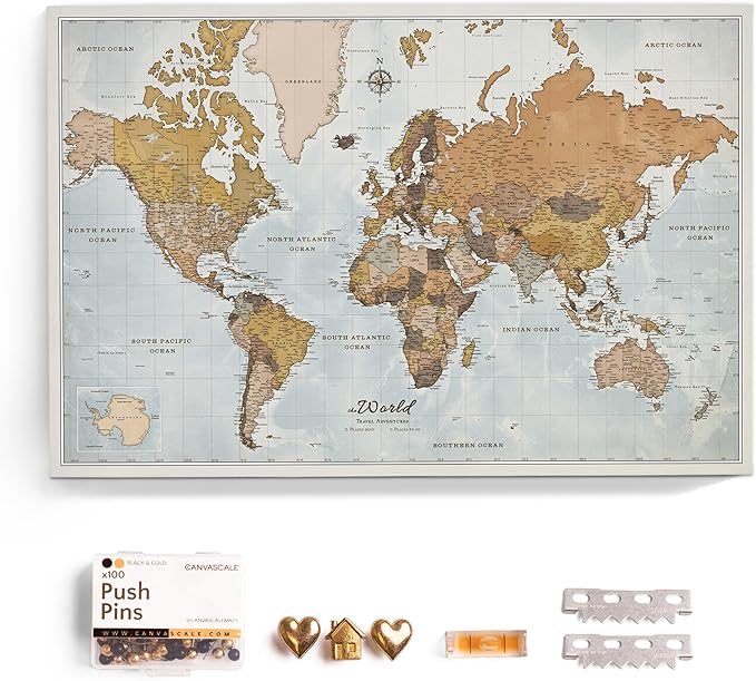 Canvas World Map with Cork Pin Board - English Lettering - Decorative Wall Decoration for All Rooms - Canvas Pictures with World Map Motif (90x60 cm, Pattern 14)