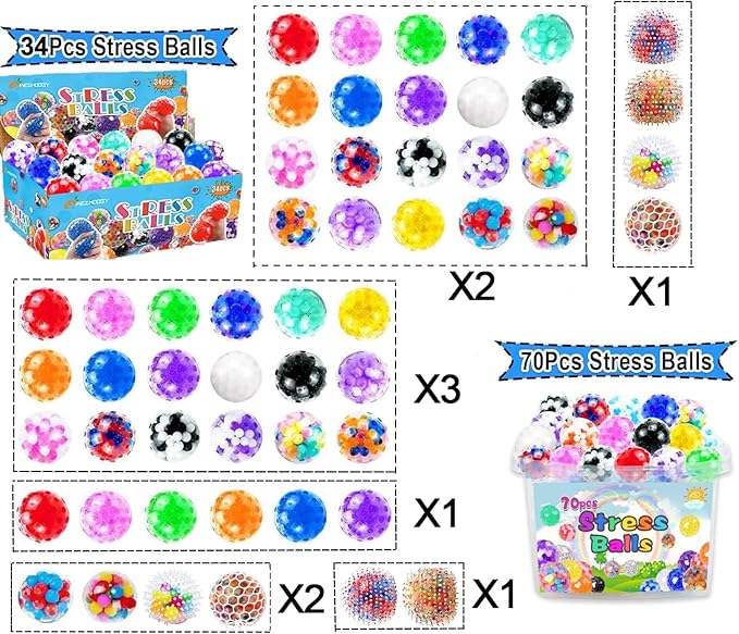 70pcs Stress Balls, Squishy Ball Fidget Balls Bulk, Small Stress Balls for Adults, Fidget Sensory Balls, Relief Squishy Balls for Party Favors,Classroom Prizes
