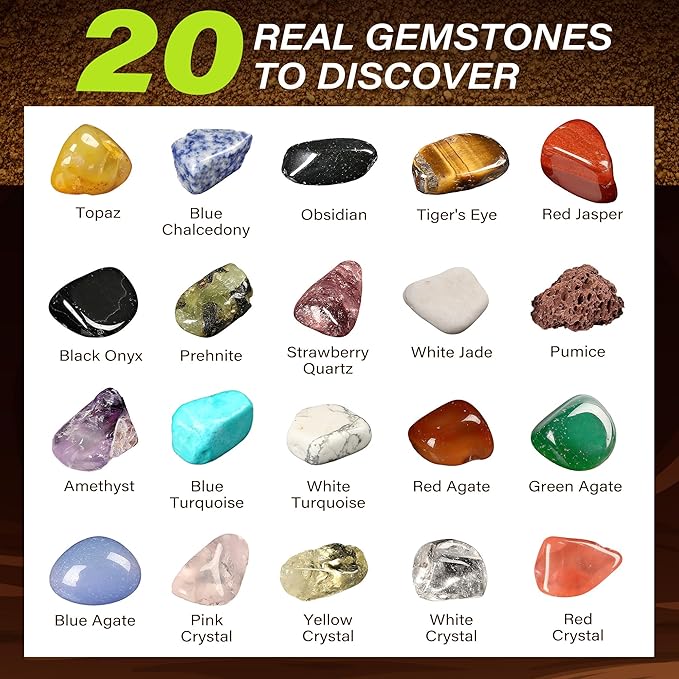 LotFancy Gemstone Dig Kit, Excavate 20 Real Gems, Science Kit for Kids Age 8-12, Educational Toy, Birthday Gift for Boys Girls with Mining Tools
