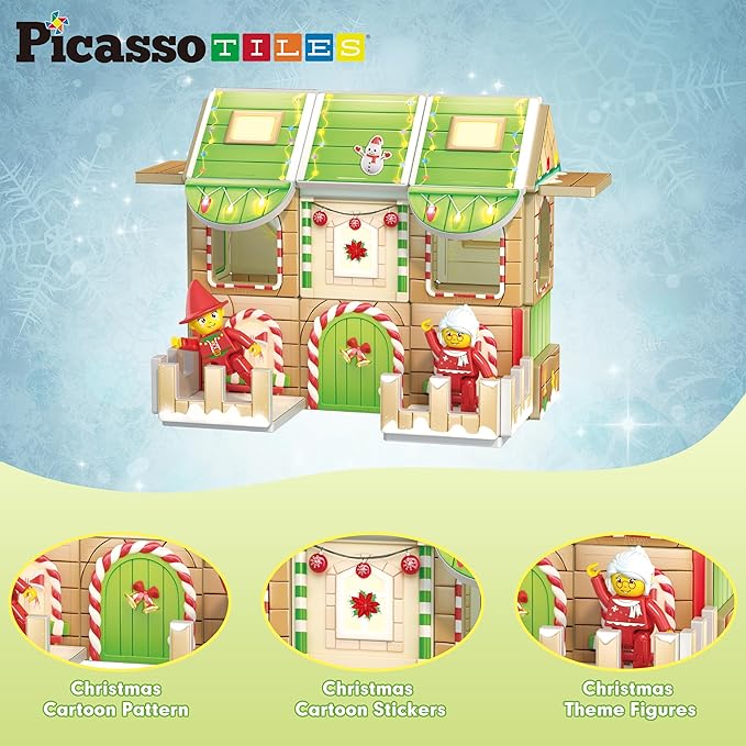PicassoTiles Magnetic Tile Christmas Holidays Cottage Building Set with Santa Elves Nutcracker 6 Character Figures STEM Educational Construction Toy Winter Magnet Block Gift for Kids Age 3 Plus PTQ08