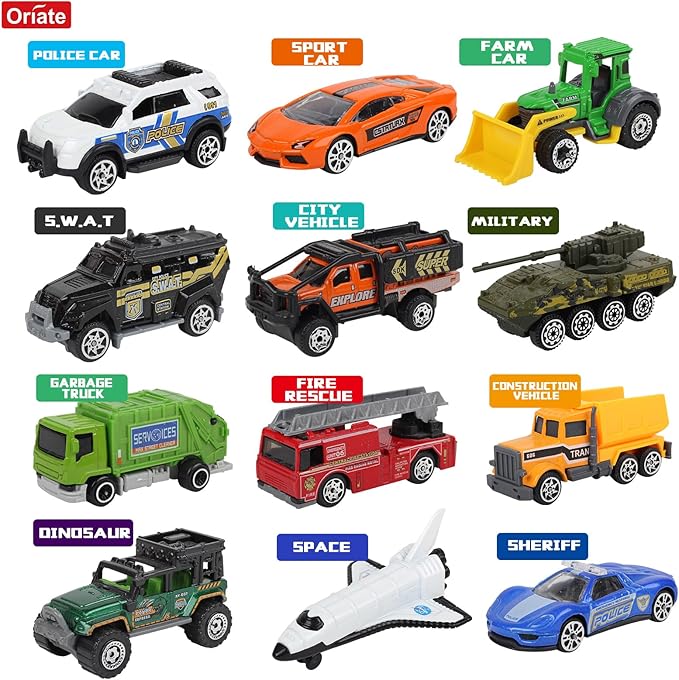 Oriate Diecast Toy Cars Set for 3 4 5 6 7 8 Year Old Boys, 12 Pack Mini Metal Cars 1/64, 12 Theme in one Set Blind Box Edition- Include Farm, Space Ship, Truck for Children Birthday Party Decor Gifts