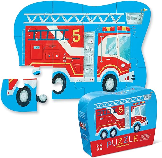 Crocodile Creek 12-Piece Mini Jigsaw Puzzle - Fun Floor Puzzles for Kids Ages 2-4 and Up - Heavy-Duty Shaped Box for Storage - Fire Truck - 12" x 9" Finished