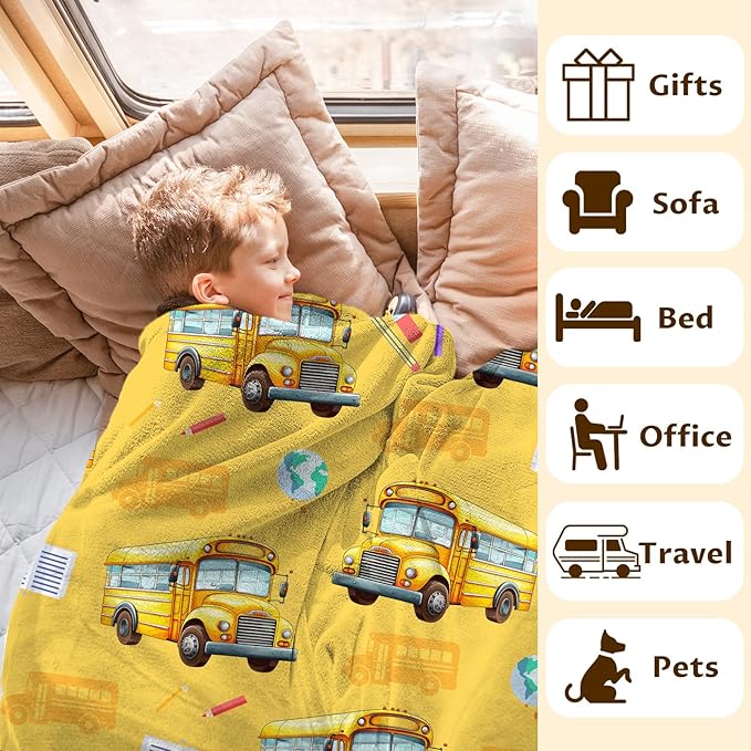 Kids School Bus Blanket Gift Cute Decor Throw Blankets for Boys, 40x50 Inches Lightweight Warm Flannel All Season Throw for Sofa Couch Bed Office