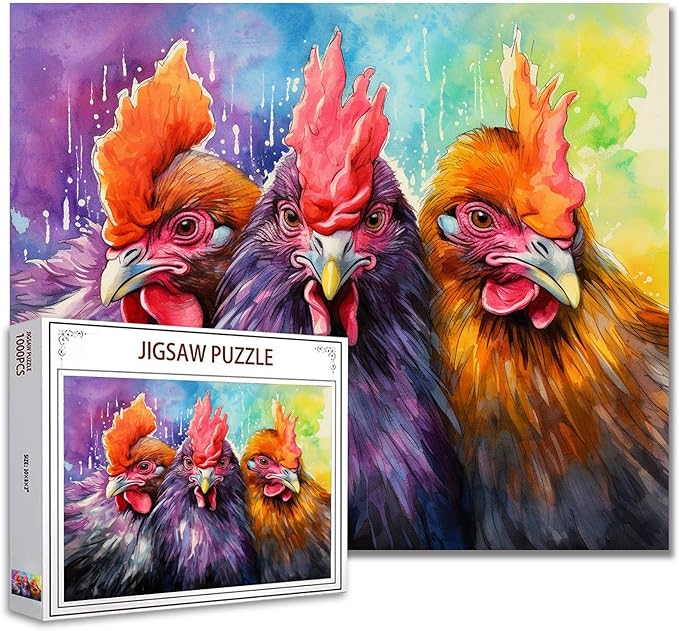 Tucocoo 1000 Piece Jigsaw Puzzles for Adults Watercolor Chickens Painting Jigsaw Puzzle Funny Farm Animals 1000 Pieces Puzzles for Game Nights Roosters Colorful Art Wall Decor DIY Craft Puzzle Gifts