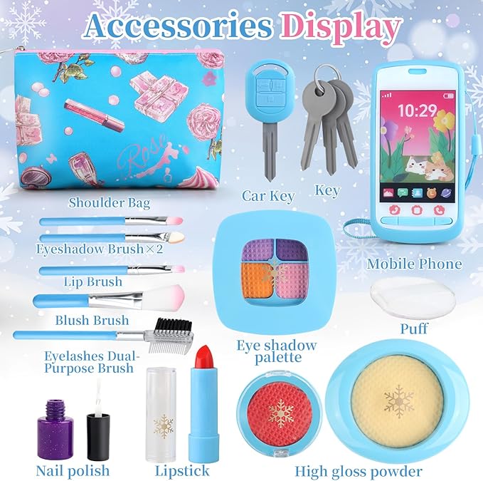 Pretend Makeup Kit for Kids 3-5, Blue Fake Makeup Set for Toddlers Girls, Play Makeup Gifts for Little Girls Age 3 4 5 6 7 Year Old, Make Up Toys Birthday (Blue)