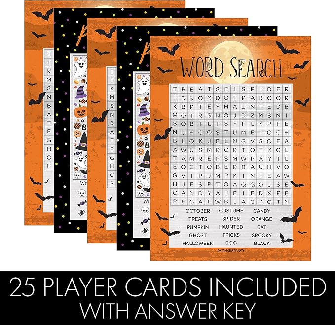 DISTINCTIVS Halloween Party Games – Word Search and Picture Match 2 Game Bundle, 25 Dual-Sided Cards for Kids, Adults, Classrooms, and Fall Events