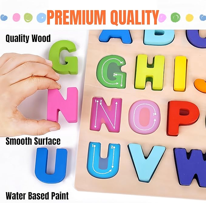 Alphabet Puzzle Wooden Puzzles for Toddlers, Alphabet Learning Toys ABC Shape Puzzle Wood Montessori Preschool Early Education Learning Toys for Kids Toddlers Girls Boys Kindergarten