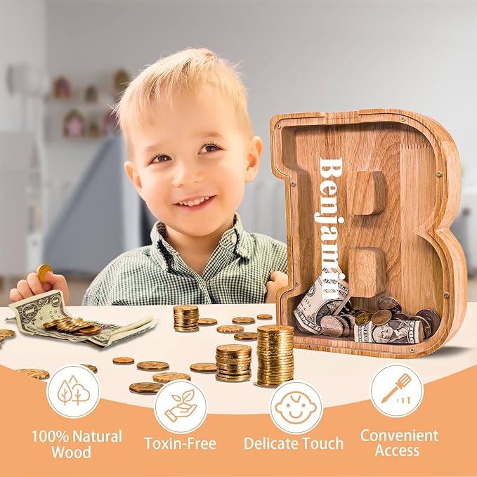 Wooden Letter Piggy Bank for Kids Larger Alphabet Letter Bank for Boys Initial Coin Bank Personalized Piggy Bank Wood Money Save Box for Birthday and Festival-Upgrade 9"" B Piggy Bank
