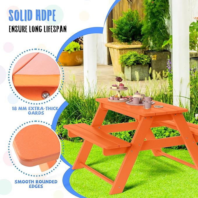 Costaelm Kids Picnic Table, HDPE All Weather Outdoor Toddler Picnic Table and Chair Set Kids Bench for Patio, Backyard, Garden, Lawn, Orange