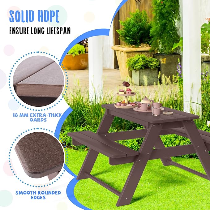 Costaelm Kids Picnic Table, HDPE All Weather Outdoor Toddler Picnic Table and Chair Set Kids Bench for Patio, Backyard, Garden, Lawn, Dark Brown